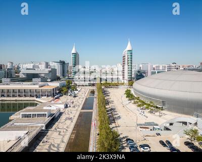 Riprese aeree del Parco delle Nazioni a Lisbona (Parque das Nações) Foto Stock