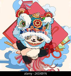 immagine cartoon di un panda in costume da ballo leone Foto Stock