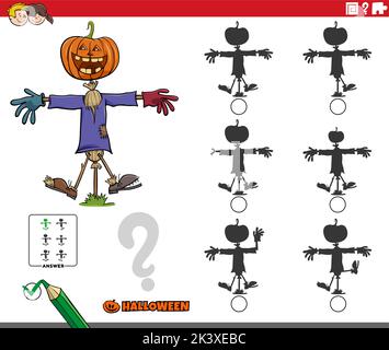 Illustrazione del cartone animato di trovare l'ombra senza differenze gioco educativo con il carattere di spaventapasseri su Halloween tempo Illustrazione Vettoriale