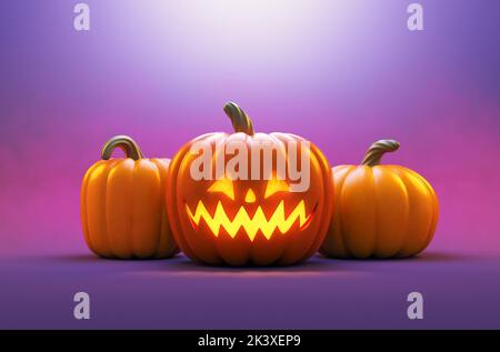 Scena scura di Halloween con zucche in 3D rendering per sfondo flyer. Modello di biglietto d'auguri per il banner di Halloween Foto Stock