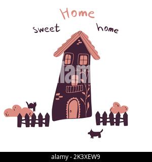 Illustrazione vettoriale di casa con recinzione, cespugli, gatto e cane in cartoon piatto stile infantile. Casa dolce casa scritta disegnata a mano per la carta dei bambini, Illustrazione Vettoriale