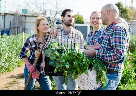 Famiglia felice di quattro giardinieri che tengono raccolto di verdure e di verdi Foto Stock