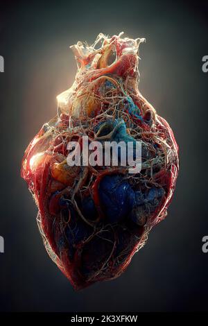 Un modello del cuore umano mostra il percorso delle vene e delle arterie del sistema sanguigno isolate su sfondo nero. Rendering 3D. Foto Stock