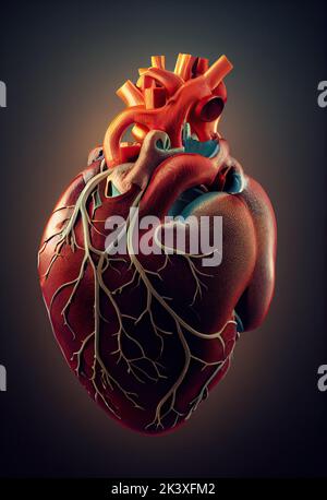 Modello dell'anatomia del cuore umano isolato su sfondo nero. Struttura del percorso del sistema sanguigno con vene e arterie. Rendering 3D. Foto Stock