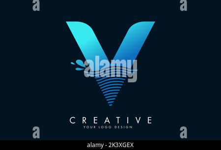 Logo V Letter blu con onde e gocce d'acqua disegno Vector Illustration. Illustrazione Vettoriale