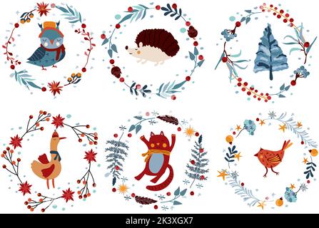Set di corona di Natale con animali invernali, gufo carino, oca divertente in una sciarpa, gatto felice, riccio e altri. Corona invernale per biglietti d'auguri, poster, cartoline, banner. Vettore. Illustrazione Vettoriale