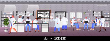 gli scienziati che fanno esperimenti con la carne cruda rossa coltivata fatta da cellule animali produzione artificiale di carne coltivata in laboratorio Illustrazione Vettoriale
