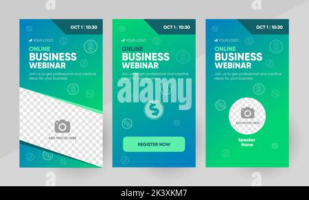 Modello di layout della storia sui social media per i webinar aziendali. Sfondo e illustrazione per la progettazione di banner di storie sui social media in vettore. Illustrazione Vettoriale