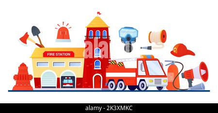 Stazione dei vigili del fuoco e uniformi - poster di stile moderno e piatto Illustrazione Vettoriale