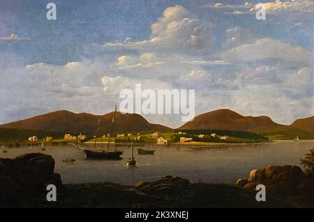 Questo dipinto di Fitz Henry Lane fu realizzato intorno al 1850. Le note al Museo Farnsworth di Rockland notano che "Mary Mellen servì come apprendista dell'artista, copiando le sue opere come esercizi, e lavorando con Lane su tele basate su dipinti precedenti, tra cui questa vista della città sul Monte Dessert, che Lane visitò con il suo amico Joseph Stevens, Jr." Fitz Henry Lane (1804 – 1865) è stato un . Foto Stock