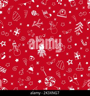 Vector natale e Capodanno modello senza cuciture con elementi scarabei bianchi su sfondo rosso. Carino cartone animato pupazzo di neve, ghirland, confezione regalo, candela, dolci, Illustrazione Vettoriale