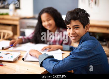 Shes il mio partner di studio preferito. Due giovani studenti che studiano insieme in una classe. Foto Stock