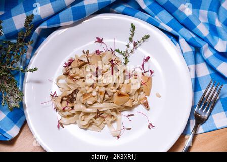 tagliatelle in salsa cremosa con funghi porcini su piatto bianco e tovagliolo bianco e blu a scacchi Foto Stock
