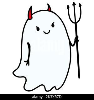 Divertente personaggio fantasma di Halloween. Doodle Ghost Face Emotion disegnata a mano. Carino carattere di Halloween. Illustrazione Vettoriale