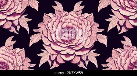 Motivo senza cuciture di fiori di peonies, rosa su puple scuro, vettore di alta qualità, stile botanico moderno Illustrazione Vettoriale