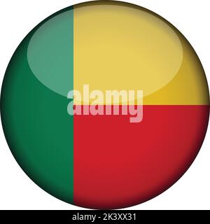 benin Flag in glossy round Button of icon. emblema benin isolato su sfondo bianco. Segnale di concetto nazionale. Giornata dell'indipendenza. Illustrazione vettoriale. Illustrazione Vettoriale
