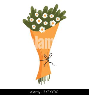 Illustrazione vettoriale del bouquet estivo con margherite in cartoon flat style. Mazzo di fiori estivi primaverili per il web, il disegno di carte, adesivi Illustrazione Vettoriale