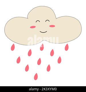 Illustrazione vettoriale della nuvola con gocce di pioggia in stile cartoon flat. Carattere sorridente antropomorfo per tessuti, cartoncino, design del prodotto, sfondo, wr Illustrazione Vettoriale