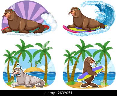 Set di diversi leoni marini personaggi cartoni animati illustrazione Illustrazione Vettoriale