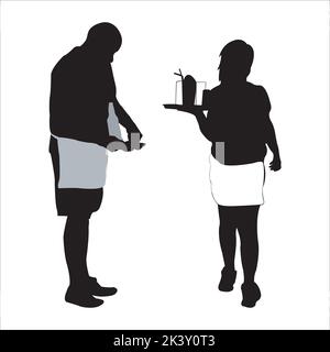 Vettore insieme di cameriere e cameriera al ristorante Silhouettes Illustrazione isolato su sfondo bianco Illustrazione Vettoriale