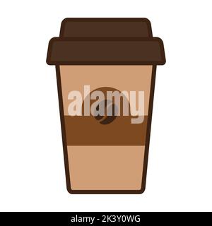 Immagine di un bicchiere di caffè marrone con un coperchio e un logo in chicchi di caffè. Illustrazione vettoriale Illustrazione Vettoriale