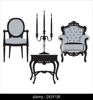 Set vettoriale di mobili antichi Silhouette in bianco e nero Illustrazione isolata su sfondo bianco Illustrazione Vettoriale