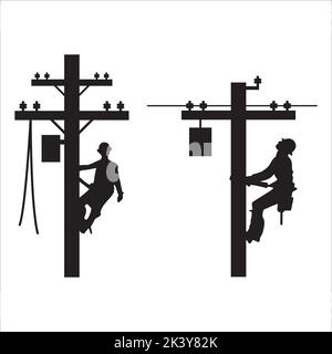 Set vettoriale di lavoratori elettrici silhouette lineman Illustrazione isolato su sfondo bianco Illustrazione Vettoriale