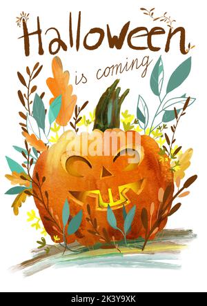 Illustrazione di zucca di Halloween con erba isolata su sfondo bianco Foto Stock