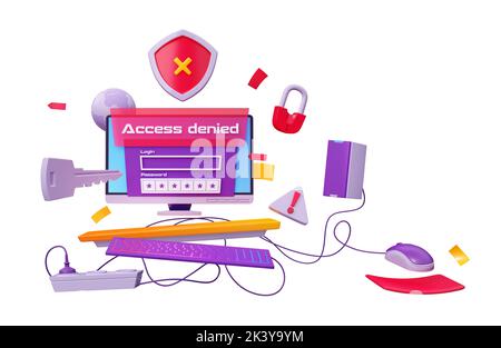 3d concetto di protezione dei dati di rendering. Sul computer viene visualizzata la notifica di accesso negato. Attacco hacker, antivirus, avviso firewall. Cyber sicurezza, informatica rete internet sicuro tecnologia cartone animato illustrazione Foto Stock