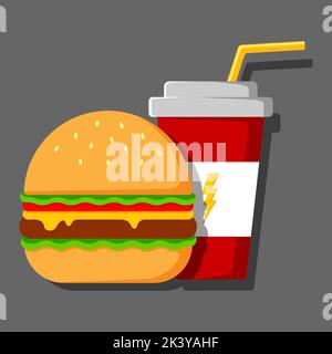 Cartoon immagine volumetrica di un hamburger, un bicchiere con una bevanda e una cannuccia da bere. Illustrazione dei colori vettoriali. Illustrazione Vettoriale