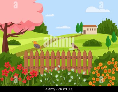 Paesaggio rurale in una giornata di sole. Scena con recinzione, fiori e uccelli, alberi, case, campi e colline, uccelli. Disegno vettoriale. Illustrazione Vettoriale