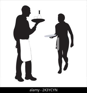 Vettore insieme di cameriere e cameriera al ristorante Silhouettes Illustrazione isolato su sfondo bianco Illustrazione Vettoriale