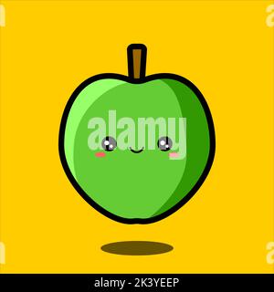 Kawaii carino frutta verde mela caratteri su uno sfondo giallo. Carattere in stile cartone animato. Adesivo pronto. Illustrazione vettoriale, stile piatto. Illustrazione Vettoriale
