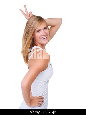 Sensazione di essere positivi. Ritratto di una bella e positiva giovane donna. Foto Stock