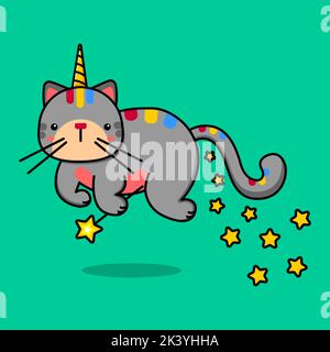 Immagine di un gatto volante unicorno con una bacchetta magica e stelle. Illustrazione vettoriale Illustrazione Vettoriale