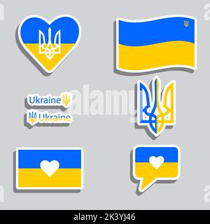 Illustrazione vettoriale di adesivi con simboli dello stato dell'Ucraina. Stemma dell'Ucraina, bandiera dell'Ucraina nei colori blu e giallo. Illustrazione Vettoriale