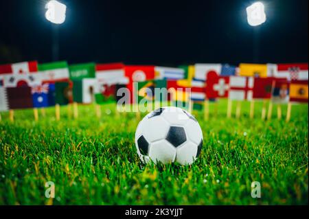 Le bandiere dei paesi del calcio sull'erba verde dello stadio moderno. Paesaggio notturno e sfondo nero. Foto Stock