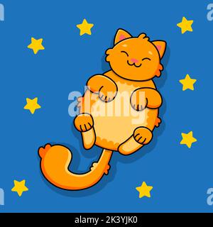 Gatto zenzero sorridente addormentato su sfondo blu. Cielo blu e stelle gialle. Illustrazione vettoriale Illustrazione Vettoriale