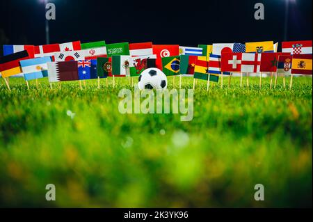 Bandiere nazionali tutti i paesi partecipano al campionato di calcio. Pallone da calcio su erba verde, luce notturna sullo stadio moderno. Sfondo scuro Foto Stock