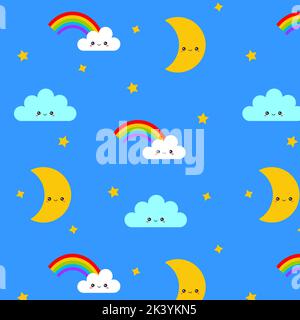 Cartoni animati per bambini. Nuvole e arcobaleno, luna e stelle su sfondo blu. Immagine vettoriale. Illustrazione Vettoriale