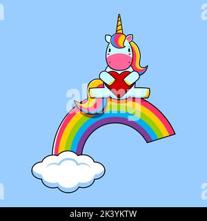 Il fumetto carino unicorno siede su un arcobaleno. Illustrazione per bambini. Immagine vettoriale. Illustrazione Vettoriale