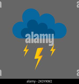 Illustrazione vettoriale su sfondo grigio. Immagine di una nuvola blu tuono e di un fulmine giallo. Illustrazione Vettoriale