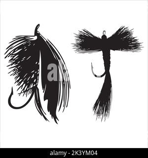 Vettore Set di Lures pesca a mosca ganci Silhouettes Illustrazione isolato su sfondo bianco Illustrazione Vettoriale