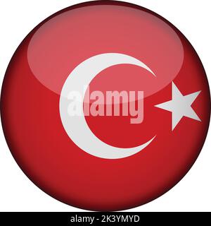 turchia Bandiera in un bottone lucido rotondo di icona. emblema tacchino isolato su sfondo bianco. Segnale di concetto nazionale. Giornata dell'indipendenza. Illustrazione vettoriale. Illustrazione Vettoriale