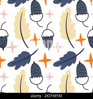 Acorno autunnale, foglie e stelle stile scandinavo senza cuciture motivo. Illustrazione Vettoriale