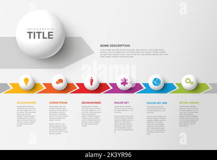 Modello di passi di progresso della luce vettoriale realizzato da sei sfere di luce con icone, descrizioni e frecce colorate arcobaleno timeline su sfondo bianco Illustrazione Vettoriale