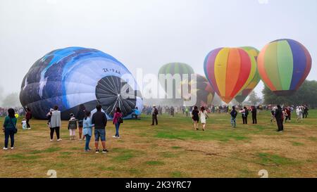 Un gruppo di palloncini ad aria calda, alcuni solo parzialmente gonfiati, in una giornata nebbiosa. Mongolfiere sul festival Waikato, Hamilton, Nuova Zelanda Foto Stock