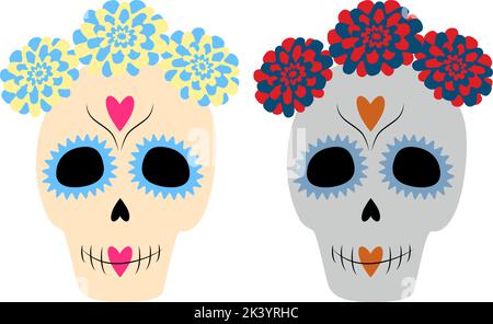 Giorno dei morti. Dia de los muertos. Set colorato di due teschi di zucchero su sfondo trasparente. Messico. Adesivo, icona. Isolare. Ideale per poster, biglietti, inviti, prezzi, cartoline Illustrazione Vettoriale