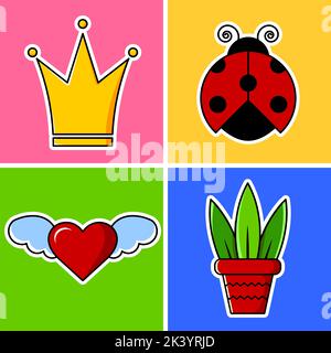 Clip art. Ladybug rosso, corona gialla, cuore con ali e un fiore in una pentola. Adesivi su sfondo colorato. Illustrazione Vettoriale