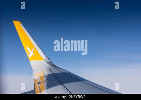 ala da un aereo e cielo blu profondo durante un volo in vacanza Foto Stock